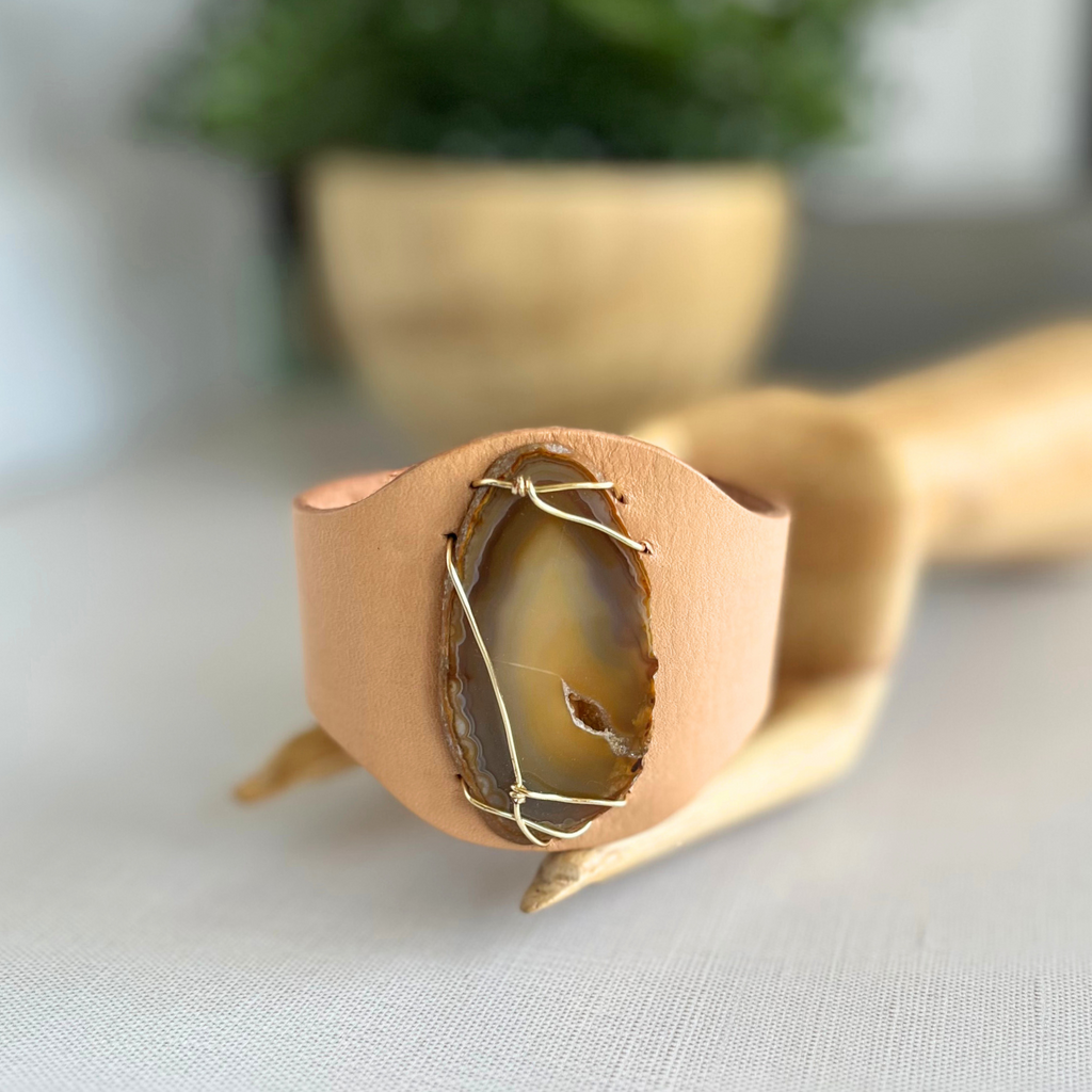 Tan Agate Veggie Tan Leather Wire Wrapped Cuff