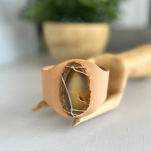 Tan Agate Veggie Tan Leather Wire Wrapped Cuff