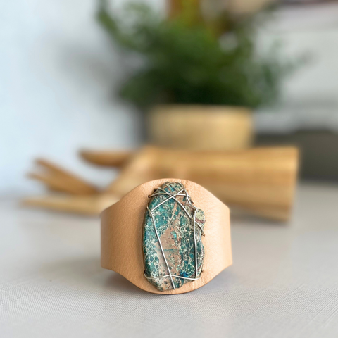 Jasper Veggie Tan Leather Wire Wrapped Cuff