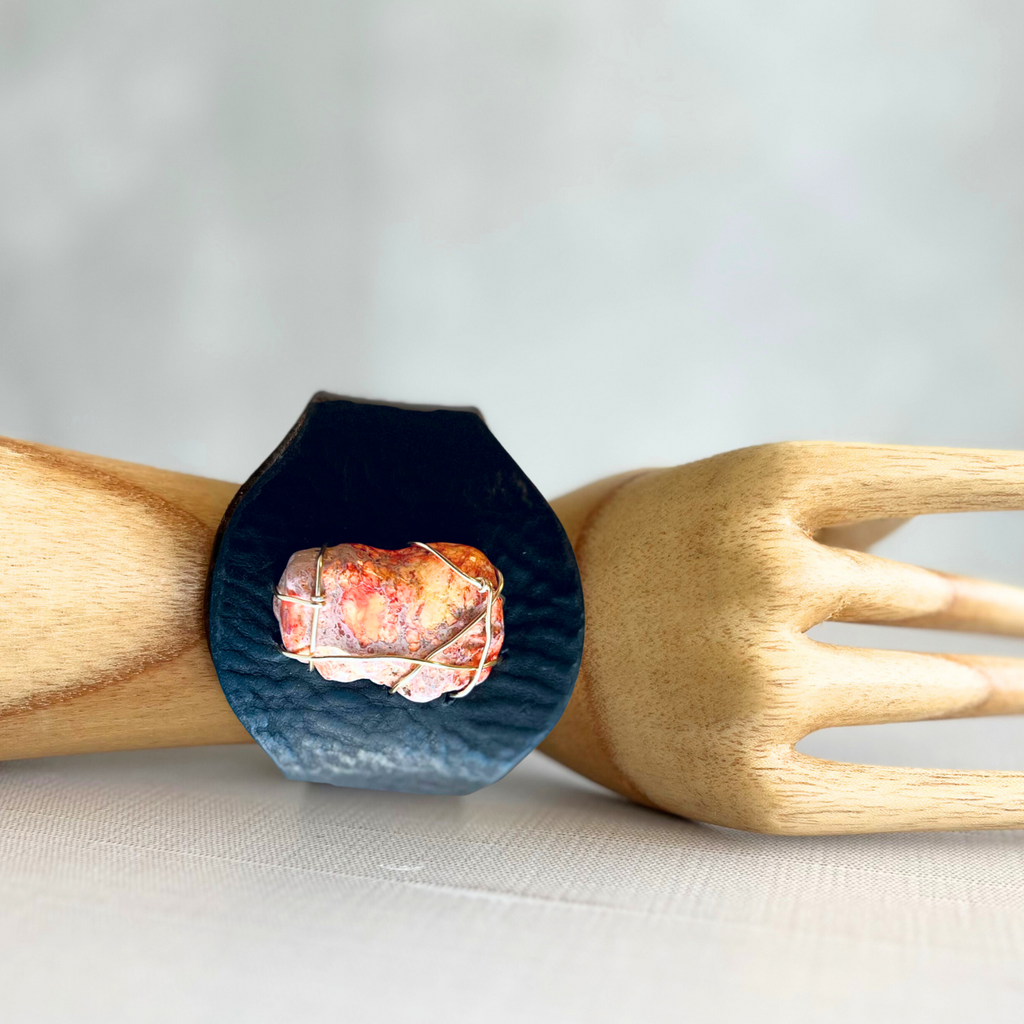 Black Leather & Fire Jasper Wire Wrapped Cuff