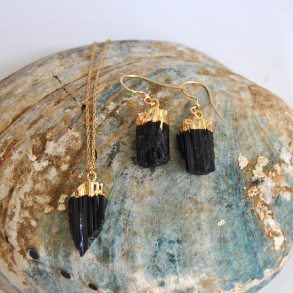 Black Tourmaline Crystal Earrings dipped in Gold