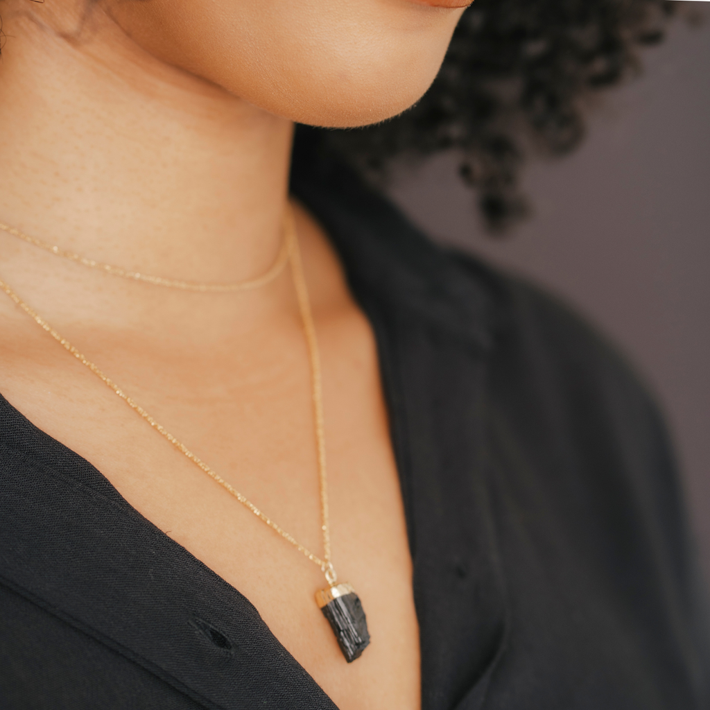 Black Tourmaline Crystal Necklace dipped in Gold
