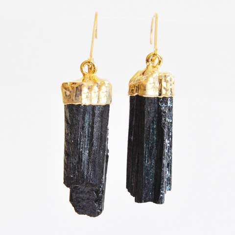 Black Tourmaline Crystal Earrings dipped in Gold