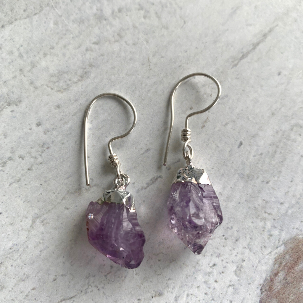 Amethyst point Earrings dipped in Silver
