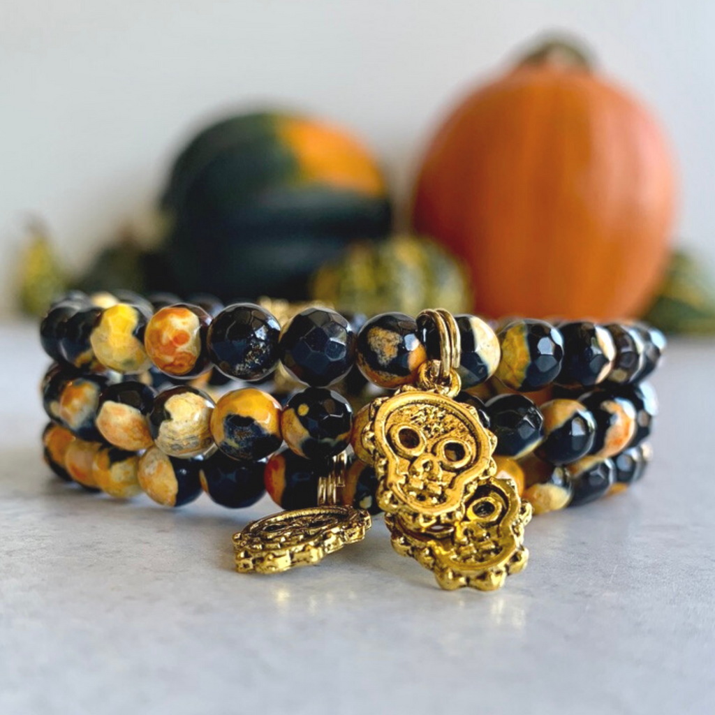 Black & Orange Fire Crackle Agate Gemstone Skull Bracelet