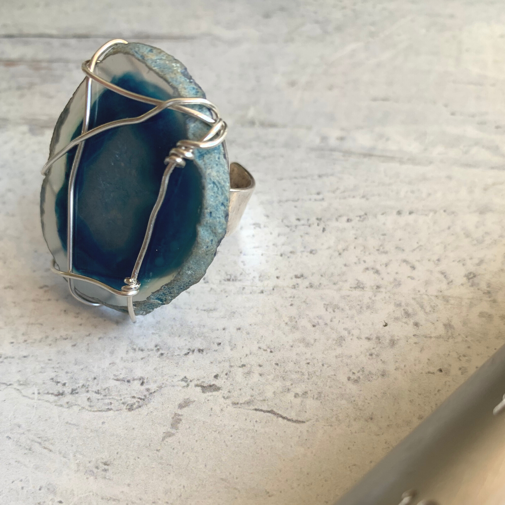 Blues Agate Wire Wrapped Adjustable Ring Silver