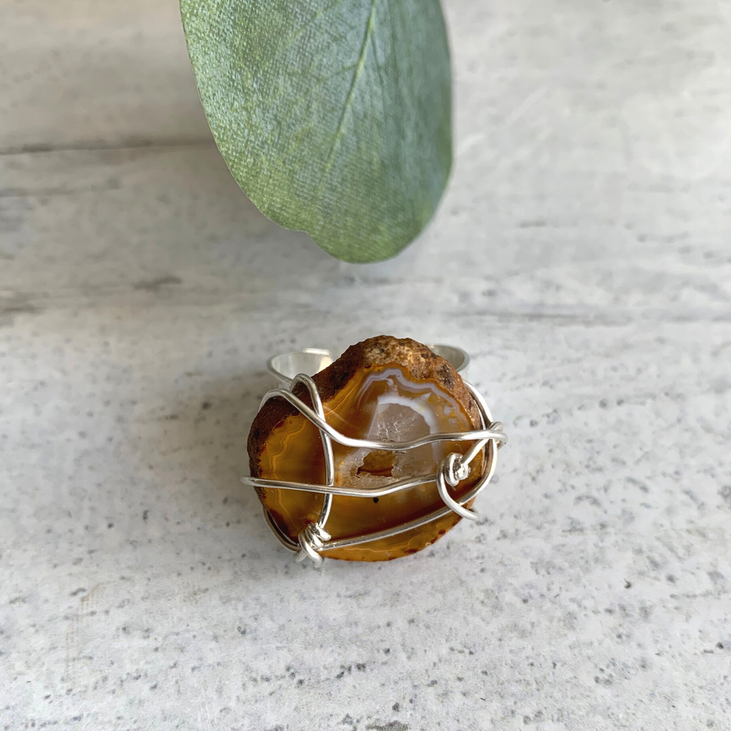 Caramel Agate Wire Wrapped Adjustable Ring Silver