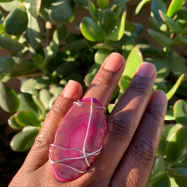 Pretty Pink Agate Wire Wrapped Adjustable Ring Silver